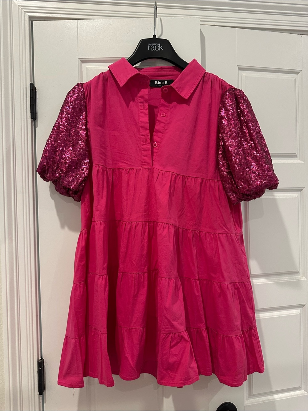 Blue B Collection Hot Pink Sequin Sleeve Tiered Dress